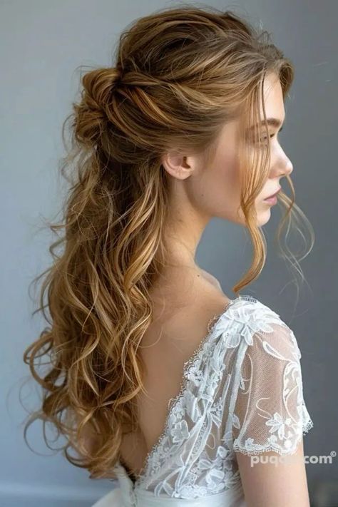 Long Wedding Hairstyles Half Up, Wedding Fairytale Hairstyles, Half Up Half Down Plait Wedding Hair, Half Up Curls Wedding, Natural Wave Wedding Hair, Goddess Inspired Hairstyles, Face Framing Wedding Hair, Greek Goddess Bridal Hair, Half Braided Wedding Hair