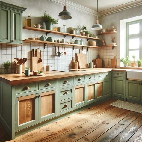 Wooden Countertops, Sage Green Kitchen, Green Kitchen Cabinets, Green Cabinets, Book Storage, Kitchen Inspiration Design, Pantry Design, Kitchen Redo, Green Kitchen