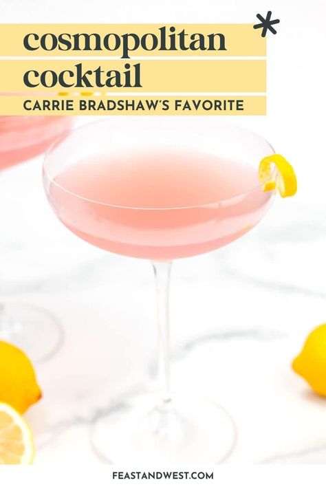 This pink drink is made rosy with a splash of cranberry juice, giving it a pretty color and a wonderful, tart, berry flavor. This classic was invented in 1989 but we all know “the Cosmo” was popular because it was Carrie Bradshaw’s drink of choice for a night on the town in the late ’90s and early ’00s. https://feastandwest.com/2024/05/31/classic-cosmopolitan/ Pink Drinks With Vodka, Classic Cosmopolitan Recipe, Cosmo Drink, Cosmopolitan Drink Recipe, Easy Vodka Cocktail, Cranberry Cocktail Recipe, Nye 2024, Cosmopolitan Drink, Cosmopolitan Recipe