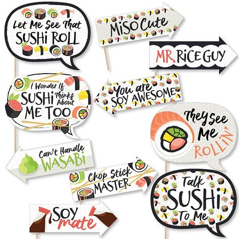 Funny Let's Roll - Sushi - Japanese Party Photo Booth Props Kit - 10 Piece Sushi Photo, Japanese Theme Parties, Sushi Birthday, Japan Party, Funny Photo Booth, Diy Photo Booth Props, Japanese Party, Party Photo Booth Props, Japanese Theme