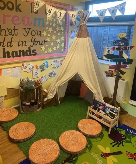 Reading Corner Tent Classroom, Reggio Inspired Cozy Corner, Reading Corner Aesthetic Classroom, Reading Tent Classroom, Home Corner Preschool, Teepee Reading Corner, Reading Corner For Kindergarten, Reading Area Kindergarten, Classroom Decor Reading Corner