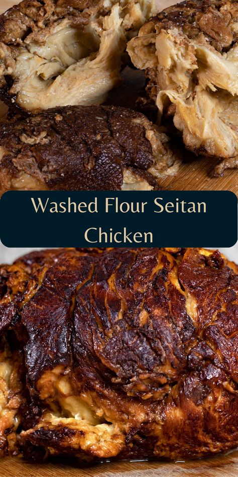 This is flour washed seitan that is juicy, shreddy, meaty, high protein goodness. Made with just flour and water- with lots of seasonings. This recipe has you wash out the starch from a ball of dough leaving you with wheat protien. From there you season it, fry it, then simmer it. The result is a juicy, shredy, meaty seitan. Making seitan this way is easier to digest with no vital wheat gluten flavor. Use it like chicken- bread it for tenders, shred it for soup, fry it up with some rice Washed Flour Chicken, Washed Flour Seitan Recipes, Seitan Fried Chicken, Washed Flour Seitan, Vital Wheat Gluten Chicken, Chicken Seitan Recipes, Seitan Chicken Recipes, Vital Wheat Gluten Recipes, Vegan Flour