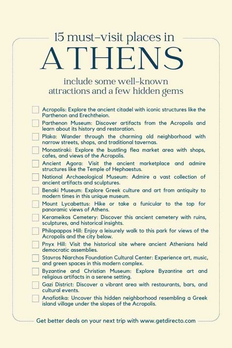 Things to do in Athens - Directo Travel Guide Places To Go In Athens Greece, Must Do In Greece, Athens To Do List, Athens Greece Travel Guide, Athens Greece Things To Do, 2 Days In Athens Greece, Athens Places To Visit, Greece Athens Travel, Athens To Do