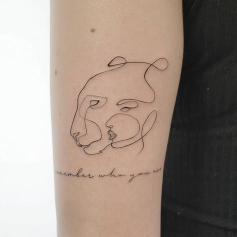 Lion and face tattoo design Woman Lioness Tattoo, Lion Small Tattoo For Women, Subtle Lion Tattoo, Fine Lion Tattoo, Single Line Lioness Tattoo, Lion Women Tattoo, Aesthetic Lion Tattoo, Lion And Woman Tattoo, Fineline Lion Tattoo