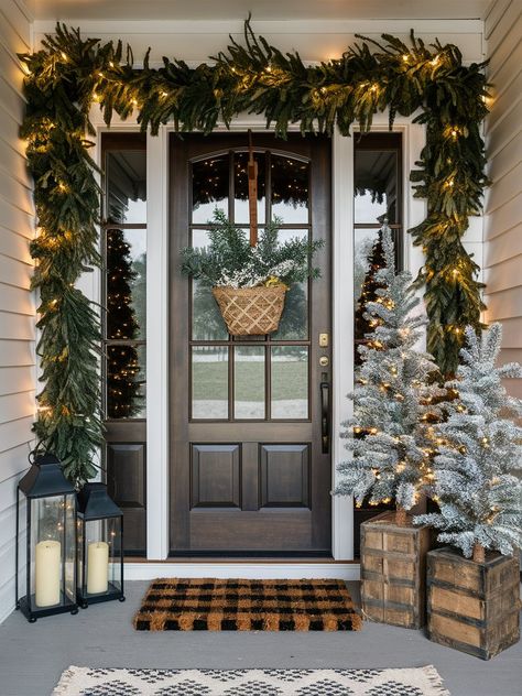 Outdoor Christmas Decorations Ideas 26 Colonial Outdoor Christmas Decor, Outdoor Christmas Decorations Aesthetic, Outdoor Christmas Garage Decorations, Outdoor Lights Christmas Decor, Decorated Front Porches For Christmas, Townhouse Christmas Lights Outdoor, Christmas Outdoor House Decorations, Modern Farmhouse Christmas Exterior, Giant Outdoor Wreath Christmas