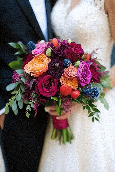 Jewel Tone Wedding bouquet Summer Wedding Colors Jewel Tones, Magenta Flowers Bouquet, Bouquets And Boutonnieres, Wedding Flowers Multicolor, Vivid Wedding Flowers, Moody Spring Wedding Flowers, Types Of Wedding Flowers Fall, Multicolored Bouquet Wedding, Dark Pink Bridal Bouquet