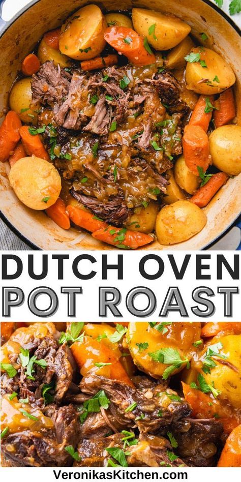 Pot roast and potatoes and carrots in a pot. Por Roast Oven, Roast Beef Recipes Dutch Oven, Por Roast Recipe, Roaster Pan Recipes, Beef Roast In Dutch Oven, Beef Dutch Oven Recipes Dinners, Recipes For Dutch Oven Meals, Beef In Dutch Oven, Por Roast