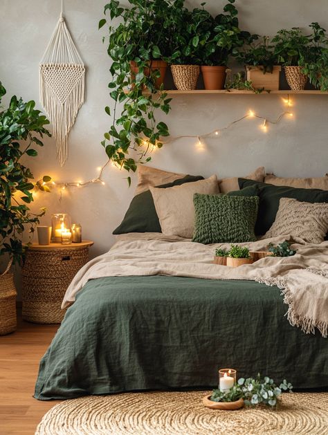 Boho Vibe Room, Room Decor Bedroom Earthy, Cozy Woodsy Bedroom, Neutral Retro Bedroom, Throw On Blanket On Bed, Succulent Inspired Bedroom, Green And Orange Bedroom Decor, Bedroom Green Theme, Plant Bedroom Aesthetic Boho