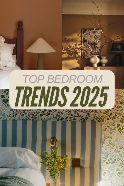 top bedroom trends 2025, wallpapered bed wall with a blue and white striped bed frame. Master Bedrooms Anthropologie, Maximalist Bedroom Ideas Modern, Queer Eye Bedroom Makeover, Trendy Master Bedrooms Decor, Cognac Bedroom Ideas, Colors That Go With Gold Bedroom, Bold Bedroom Decor, Luxury Eclectic Bedroom Design, Bedroom Trends 2024 2025