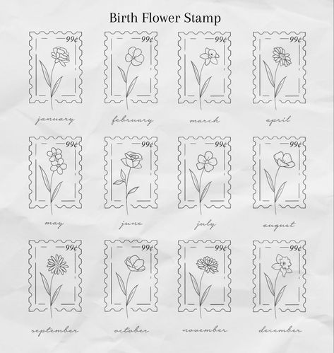 small tattoos by Tattoo Art & Designs Birth Flower Doodles, June Birth Flower Tattoo Fine Line, Flower Simple Tattoo Minimalist, Flowers Into Words Tattoo, Simple Birth Flowers, Iris Stamp Tattoo, Birth Flower Tattoos Simple, Five Flowers Tattoo, Minimal Stamp Tattoo