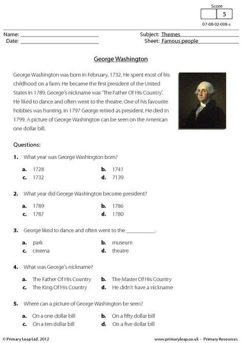 PrimaryLeap.co.uk - Comprehension - George Washington Worksheet Presidents Worksheets, Teacher Encouragement Quotes, Free Reading Comprehension Worksheets, Teacher Encouragement, Cloze Activity, History Worksheets, 5th Grade Social Studies, School Homework, Social Studies Worksheets