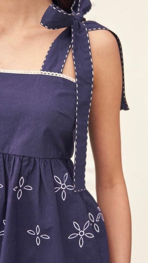 Navy embroidered cami top with tie straps. Perfect for a summer day. #embroidery #cami . #Couture #Upcycling #Embroidered_Cami_Top #Cherry_Vintage Cute Floral Embroidery, Tie Off Embroidery, Tie Up Top Outfit, Embroidery On Tops, Edging Embroidery, Neckline Embroidery Designs, Top With Tie Straps, Edge Embroidery, Embroidered Cami Top