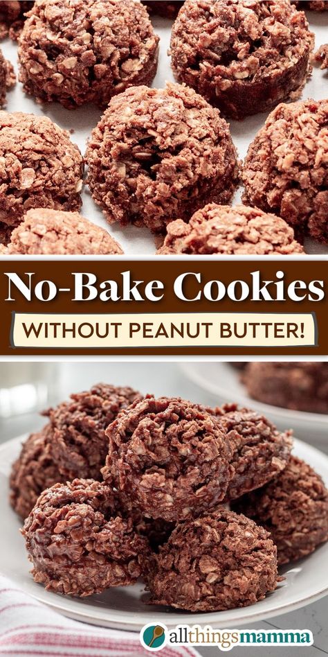 No Bake Cookies (Without Peanut Butter) social collage graphic The Best No Bake Cookies, No Bake Cookies Recipe Peanut Butter, Cream Cheese Spritz Cookies, Nut Butter Cookies, Nut Free Cookies, Nut Free Desserts, Best No Bake Cookies, Easy No Bake Cookies, Chocolate No Bake Cookies