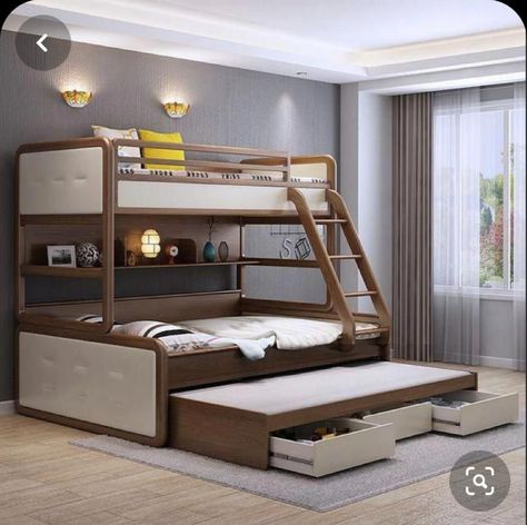 Modern Bunk Beds For Girls Room, Bunk Bed Steps, Kids Bed Design, Bunk Bed Rooms, Beds Kids, Triple Bunk Beds, Triple Bunk Bed, Triple Bunk, Wooden Bunk Beds