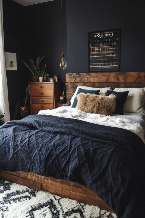 Dark Bedroom Walls, Bedroom Aesthetic Boho, Aesthetic Boho Bedroom, Charcoal Bedroom, Boho Bedroom Ideas Bohemian Cozy, Dream Barndominium, Boho Bedroom Aesthetic, Male Bedroom Ideas, Boho Bedroom Wall Decor