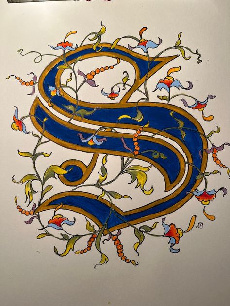 Illuminated letter \"S\", Hand Painted Old English Script, Original design Old English Script, Group Art Projects, Illumination Art, Font Inspiration, Calligraphy Alphabet, Medieval Manuscript, Illuminated Letters, Alphabet Art, A Good Friend