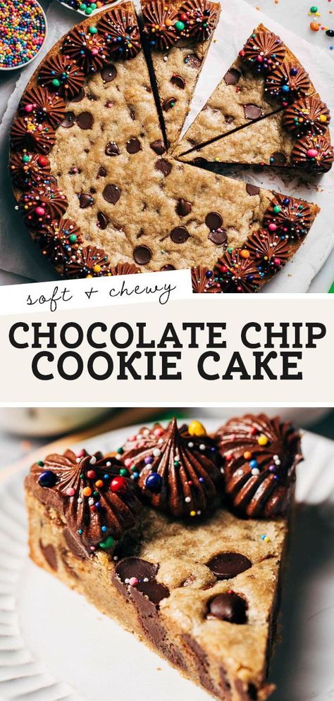 This is the very best chocolate chip cookie cake! It’s thick, dense, rich, and loaded with creamy chocolate chips. Topped with chocolate frosting and rainbow sprinkles, it’s the perfect cookie cake fit for any celebration. Thick Cookie Cake, Fun Chocolate Chip Cookies, Cookie Cake Buttercream Frosting, Cookie Cake From Store Bought Dough, Large Cookie Cake Recipe, Homemade Chocolate Chip Cookie Cake, Gluten Free Chocolate Chip Cookie Cake, Birthday Baked Goods, Nestle Toll House Cookie Cake