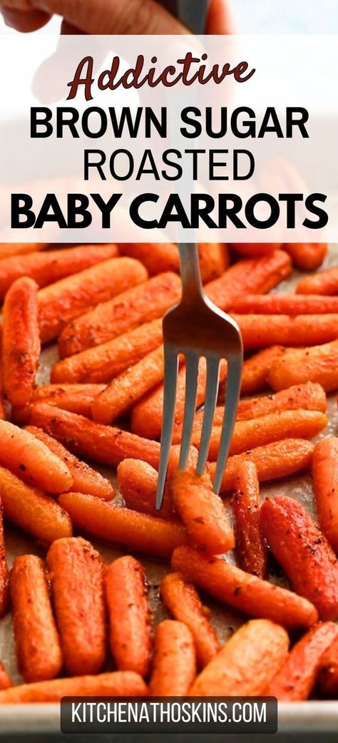 Learn how to make easy oven roasted baby carrots that is sweet with a brown sugar glaze. If you have ever wondered how to cook baby carrots, then this easy carrot side dish will satisfy even the picky eaters at the dinner table and is also elegant to serve as a Thanksgiving side dish. Get the brown sugar roasted baby carrots recipe at kitchenathoskins.com. Easy Oven Roasted Carrots, Easy Baked Carrots, Mini Carrots Recipes, Brown Sugar Roasted Baby Carrots, Make Ahead Roasted Carrots, Baked Brown Sugar Carrots, How To Cook Baby Carrots, Carrots Side Dish Oven, Baby Carrots In Oven