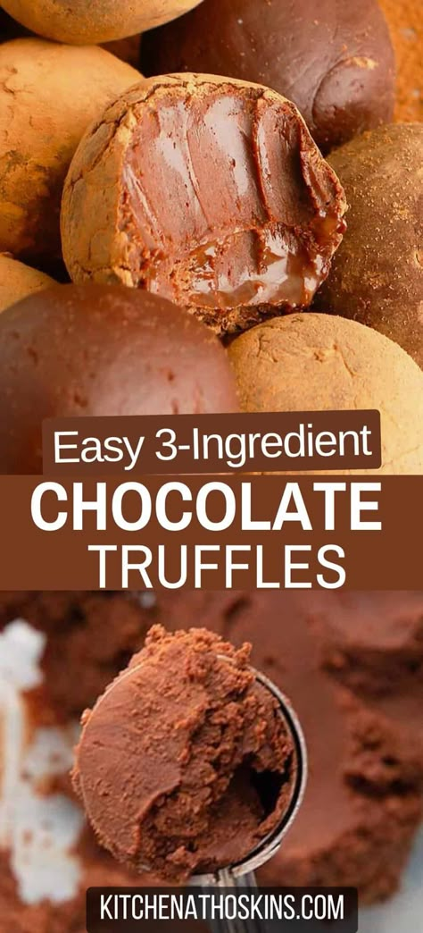 Learn how to make easy chocolate truffles using condensed milk, cocoa powder and only 3 ingredients. This easy homemade candy makes a great gift idea for Christmas or Valentines day, packaged in decorative jars or bags. Get the best 3 ingredient dark chocolate truffles without heavy cream at kitchenathoskins.com. Truffles With Condensed Milk, Cinnamon Bites Recipe, Condensed Milk Cocoa Powder, Treats For Party, Easy Homemade Candy, Easy Chocolate Truffles, Cinnamon Bites, Homemade Chocolate Candy, No Bake Truffles