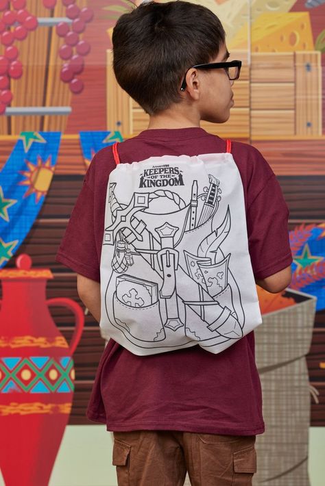 These fun backpacks make a great craft for Keepers of the Kingdom VBS. Have kids decorate their bag the first night to use thoughout VBS. Keepers Of The Kingdom Vbs Crafts, Kingdom Vbs Crafts, Kingdom Vbs, Vbs Crafts, Cool Backpacks, Kids Decor, First Night, Fabric, Color