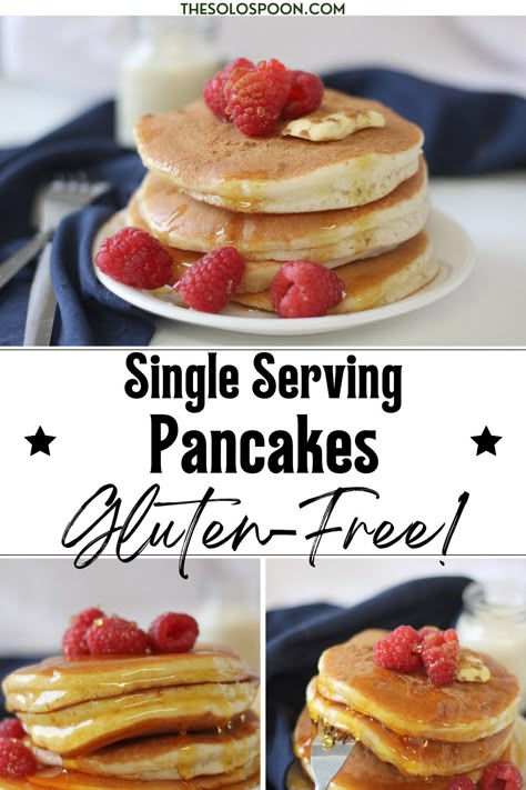 Make breakfast easy with this simple gluten-free pancake recipe for one! Light, fluffy, and packed with flavor. Plus, learn how to pair them to make a complete breakfast for one person! Gluten Free Pancakes For One, Gluten Free Pancakes Bobs Red Mill, Healthy Pancakes For One, Gf Pancakes Easy, Gluten Free Pancake Recipe Easy, Rice Flour Pancakes Recipe, Pancake Recipe For 2, Breakfast For One Person, Meal Prepped Breakfast