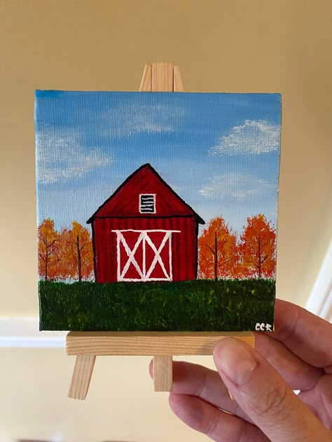 Mini autumn barn painting - 4x4 canvas board with easel Simple Cute Paintings On Canvas Easy Diy, Autumn Paintings Easy, Easy Autumn Paintings, Barn Paintings On Canvas, Small Acrylic Painting Mini Canvas, Autumn Painting Acrylic Easy, Fall Paintings Easy, Autumn Painting Ideas Easy, Wallpaper Fall Iphone