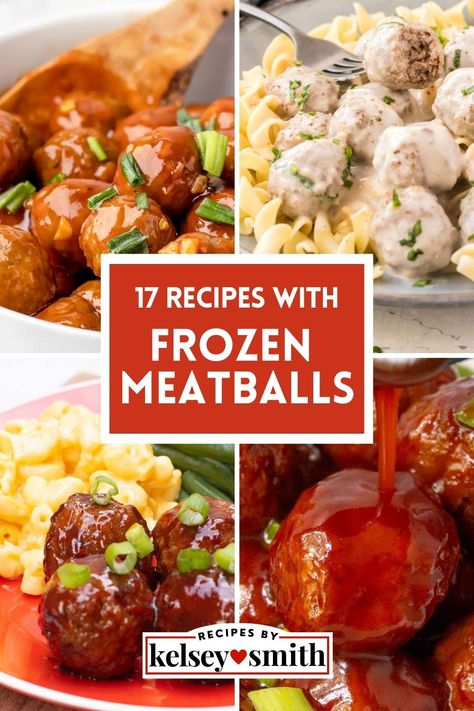 Honey sriracha meatballs, creamy garlic meatballs, BBQ meatballs, and grape jelly meatballs Air Fryer Frozen Meatballs Recipe, Recipes That Include Meatballs, Meatball Recipes Dinner Meals, Dinner Meatball Recipes, Freezer Meals Meatballs, What To Pair With Meatballs, Meatballs For Dinner Meals, Frozen Turkey Meatballs Easy Dinners, Recipes With Homestyle Meatballs