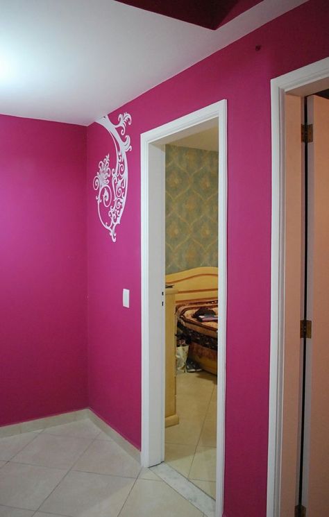 Wall Designs Paint, Pink Wall Bedroom, Drawing Room Paint, Hall Paint Colors, Office Wall Colors, Pink Bedroom Walls, Hot Pink Walls, Hall Colour, Beautiful Bedroom Colors