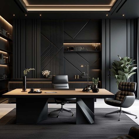 Dark Home Office Ideas, Black Wall Paneling, Modern Exterior House Colors, Director Room, Black Panelling, Wall Paneling Ideas, Small Office Design Interior, Paneling Ideas, Home Office Black