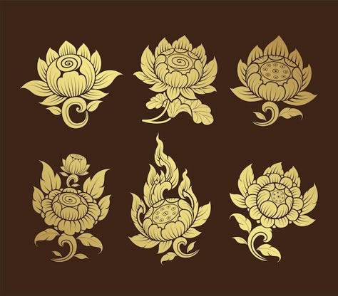 Vector set asian art element and backgro... | Premium Vector #Freepik #vector #thai #thai-art #thai-traditional #thai-culture Thai Decoration, Thai Art Traditional, Thai Symbols, Temple Flower, Ceiling Pattern, Khmer Architecture, Thai Painting, Cultural Patterns, Vintage Frames Vector