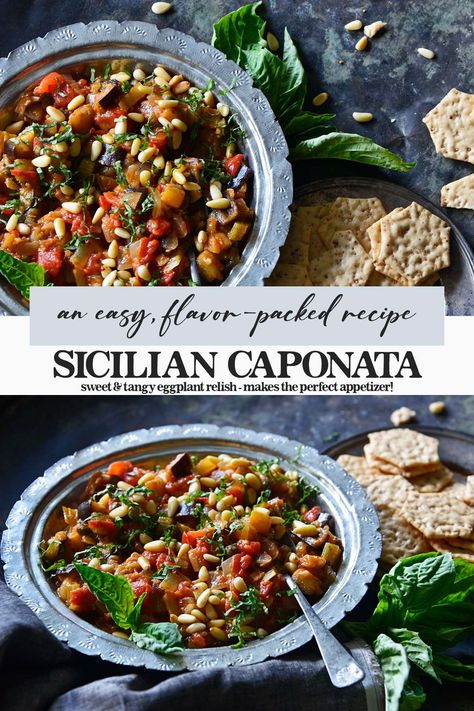 Caponata Recipe (Sicilian Eggplant Relish) Sicilian Vegetarian Recipes, Sicilian Zucchini Recipes, Caponata Recipe Eggplant, Sicilian Eggplant Recipes, Sicilian Recipes Authentic, Sicilian Caponata Recipe, Sicilian Caponata, Italian Eggplant Recipes, Eggplant Caponata Recipe