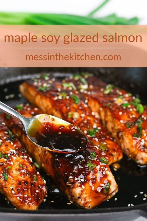 One skillet and 20 minutes: that’s all you need to make my recipe for Maple Soy Glazed Salmon! The perfectly balanced sweet and salty sauce packed with fresh ginger and garlic will soak right up into your crisp, pan-seared salmon. It’s the at-home-restaurant experience you’ve been craving! All that, and next to no mess left to clean up. Maple Soy Glazed Salmon, Maple Soy Salmon, Maple Salmon Recipes, Salmon Marinade Recipes, Soy Glazed Salmon, Factor Recipes, Salmon Recipe Pan, Maple Salmon, Seared Salmon Recipes