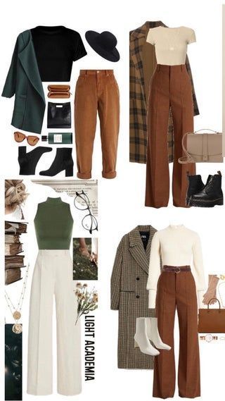 Winter Acedamia Outfits, Boho Office Outfit Winter, Classic Overalls Outfit, Light Taupe Pants Outfit, Outfits For Redheads Summer, Dark Academia Graduation Outfit, Romantic Style Wardrobe, Brown Sleeveless Turtleneck Outfit, Professional Earthy Outfits