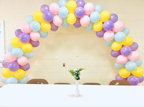 Striped Balloon Arch with purple, yellow, pink, and blue balloons. The Big Comfy Couch, Yellow Party, Yellow Balloons, Party Garland, White Balloons, Blue Balloons, Balloon Arch, Balloon Garland, Pink Yellow