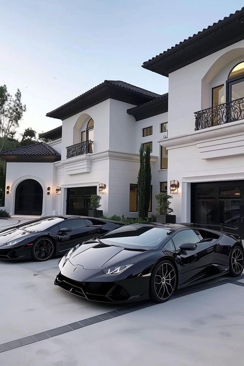 Luxury Cars And Houses, Luxury Mansion With Cars, Mansion With Cars, Luxury Lifestyle House, Mansions Aesthetic, Luxury House Aesthetic, White Luxury Aesthetic, Black Luxury Cars, Lamborgini Car