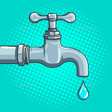 Water Tap with Drop Pop Art Vector Water Tap Illustration, Water Tap Drawing, Tap Illustration, Tap Drawing, Water Tap Design, Old Apple Logo, Save Water Poster Drawing, Save Water Poster, Art Deco Drawing