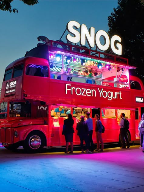 Snog Frozen Yogurt, American Food Truck, Neon Food Truck, Fruit Truck, Food Bus, Vegan London, Neon Food, Mango Chocolate, Food Stall Design