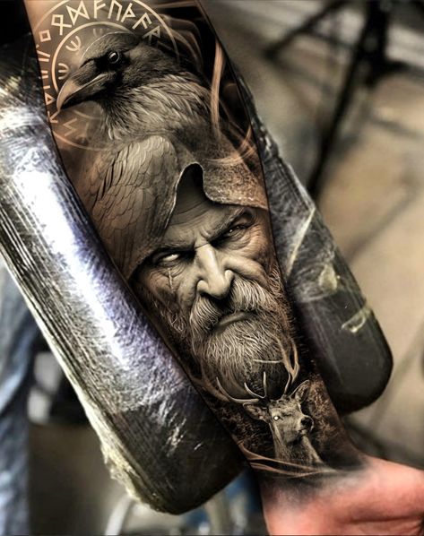 Thor And Odin Tattoo, Viking Ship Tattoo Sleeve, Thor Tattoo Norse Mythology, Norse Tattoo Men, Nordic Arm Tattoo, Odin Tattoo Design, Odin Face, Jormungandr Tattoo, Viking Sleeve