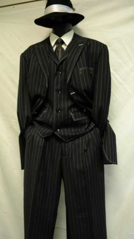 Zoot Suit By Milano Moda Navy White Gangster Stripe 3 Piece $139.00 AT vintagedancer.com 1920s Suit, Gangster Suit, 1920s Mens Fashion, Gangster Style, Types Of Suits, Zoot Suit, Stylish Suit, Vintage Suits, Pinstripe Suit