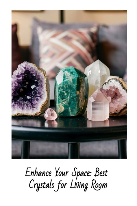 Collection of various crystals on a table in a living room. Crystal Geode Decor, Crystals For Living Room, Crystal Healing Room, Rose Quartz Properties, Geode Decor, Buddhism Symbols, Crystal Room, Healing Room, Displaying Crystals