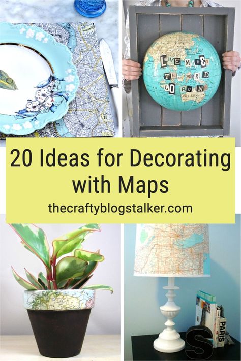 Learn how to turn a map into a piece of art that you can proudly display in your home. Maps make great home decor and here are 20 ideas to get you started! #thecraftyblogstalker #homedecor #diydecor #maps Map Crafts Ideas, Map Diy Projects, Old Maps Crafts, Crafts With Maps, Map Art Projects, Map Decor Ideas, Travel Wall Ideas, Diy Map Art, Globes Decor