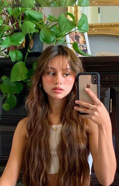 Medium Hair With Wispy Curtain Bangs, Wispy Long Layered Haircut, Very Whispy Front Bangs, Side Wispy Bangs Long Hair, Brunette Hair Wispy Bangs, Wispy Bangs Brunette Long Hair, Wispy Bangs 90s Hair, Bangs Ideas For Wavy Hair, Wispy Fringe Bangs With Layers