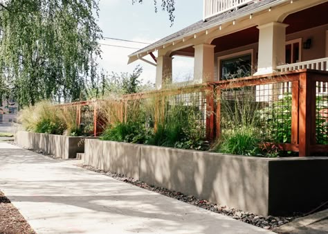 Social Front Yard, Front Yard Retaining Wall, Yard Retaining Wall, City Parks Design, Craftsman Landscaping, Tall Ornamental Grasses, Yard Privacy, Concrete Retaining Walls, Trellis Fence