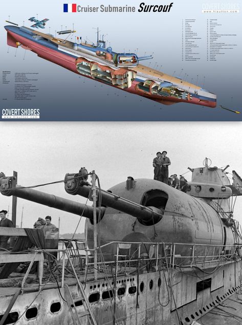 When it was launched in 1929, the French cruiser submarine FS Surcouf was without parallel in the World, and remained the largest and most heavily armed until the final years of World War II. The concept of a cruiser submarine was influenced by the German Navy’s U-boat warfare of World War I. Planners envisioned a submarine which roam the ocean, far away from port, picking off enemy merchant ships. On 2 February 1942 she departed Halifax. She was last reported on the night of 18/19 February 1942 U Boat Submarines, Dieselpunk Submarine, Submarine Concept, World Of Warships Wallpaper, Largest Submarine, Soviet Navy, German Submarines, 19 February, Military Gear Tactical