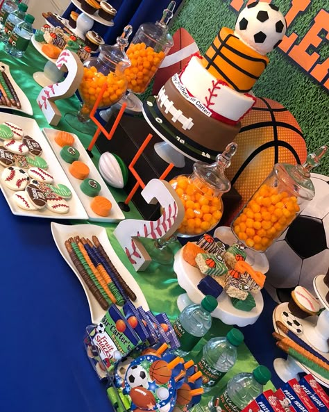 Sports Theme Treat Table, All Star Theme Party, Born 2 Ball Cookies, Sports Themed Cookies, Sports Theme Party Decorations, Sports Party Cake, Balls Birthday Theme, All Star Birthday Party Sports Boys, Sports Theme Birthday Cake