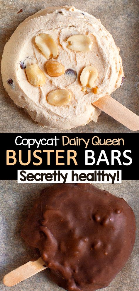 Dairy Queen Copycat Healthy Chocolate Peanut Butter Buster Bars Homemade Frozen Reeses Bars, Homemade Frozen Desserts, Healthy Buster Bar, Pb2 Desserts Healthy, Buster Bar Dessert Homemade, Buster Bars Homemade, Peanut Butter And Yogurt Frozen, Peanut Butter Froyo Pops, Chocolate Peanut Butter Bananas