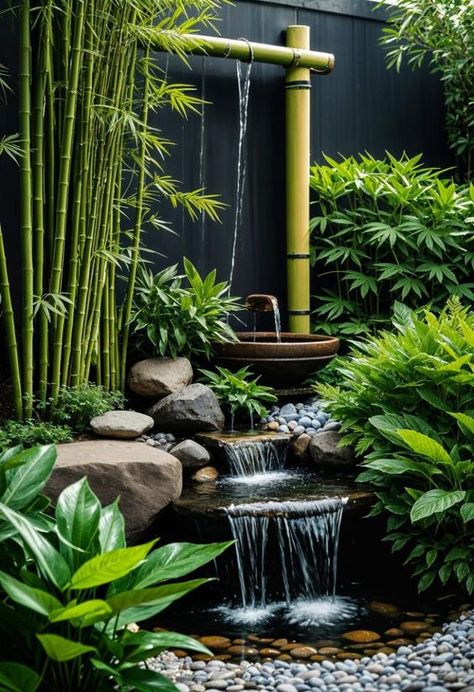 Picture of a Zen waterfall with bamboo and greenery Green Yard Aesthetic, Japanese Water Feature, Japanese Water Garden, Water Garden Ideas, Recycled Planters, Kolam Koi, Small Japanese Garden, Japanese Garden Landscape, Garden Pond Design