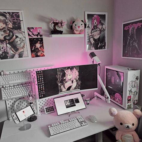 𝖘𝖊𝖙𝖚𝖕 𝖚𝖕𝖉𝖆𝖙𝖊 - for october 🖤🌸 I finally got a shelf above my pc for some stuff to go up there! And for once, I am motivated to push content out since work is slowing down >< do you like the pink, white, & black? #pink #kpop #rilakuma #anime #logitechg #pastelpink #gamingsetup #pinkaesthetics #otaku #pinkgaming #nintendoswitch #overwatch2 Black And Pink Gamer Setup, Pink And Black Pc Setup, Black And Pink Gaming Setup, Black And White Room Ideas, Black Aesthetic Room, Pink Pc Setup, Otaku Aesthetic, Laptop Setup, Pc Decoration