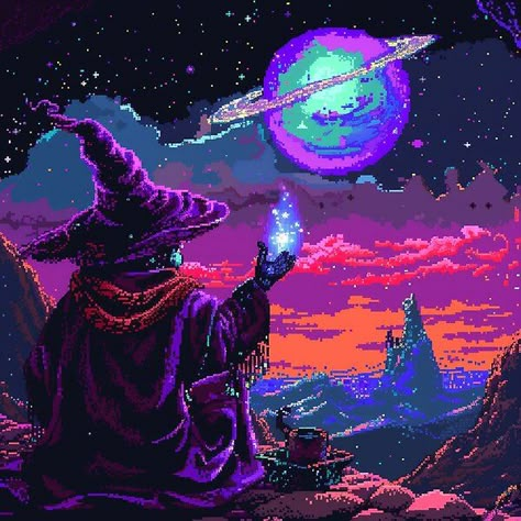 Wizard Pixel Psychedelic 8-Bit Retro Space Galaxy by Kaos-Bit | Redbubble 8 Bit Space, 8 Bit Aesthetic, Wizard Background, 2025 Bujo, Space Wizard, Shadow Wizard Money Gang, Shadow Wizard, Purple Space, 8 Bit Art