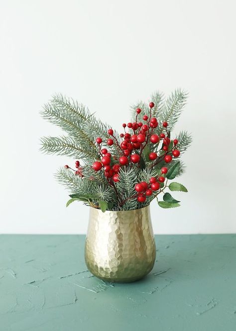 Fake Winter Evergreens Mini Frosted Pine Bush - 12" Red Berry Centerpiece, Gold Vase Christmas Decor, Christmas Plant Arrangements, Christmas Berry Decor, Christmas Arrangements Floral, Christmas Flower Centerpieces, Christmas Vase Arrangements, Christmas Flowers Arrangements, Red And Green Christmas Decor